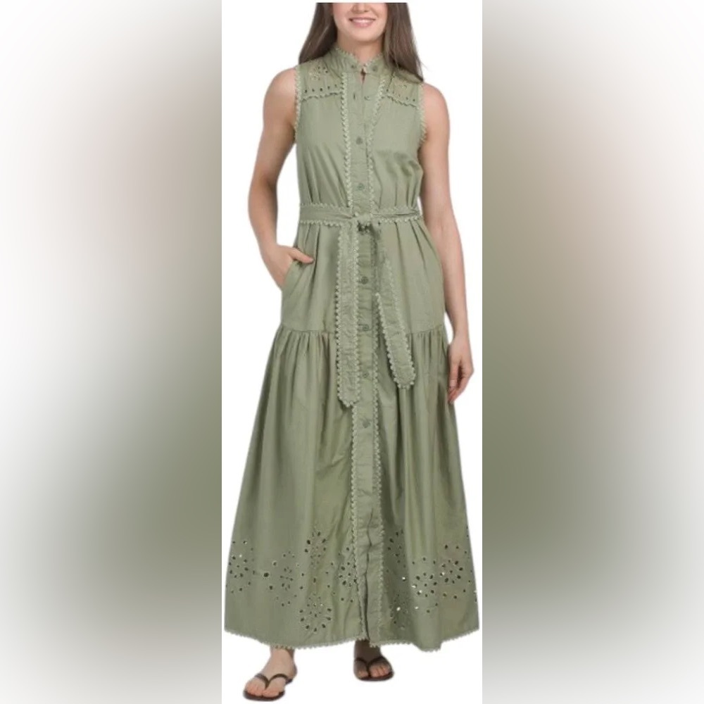 AVEC LES FILLES Eyelet Embroidery Sleeveless Maxi Dress Olive Green Size Small